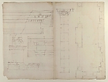 Palazzo dei Conservatori, portico, plan; façade cornice, elevation; minor order, cornice; column, elevation; pedestal, elevation (recto); Palazzo dei Conservatori, portal, elevation; section (verso), Anonymous, French, 16th century, Pen and dark brown ink, black chalk, and incised lines